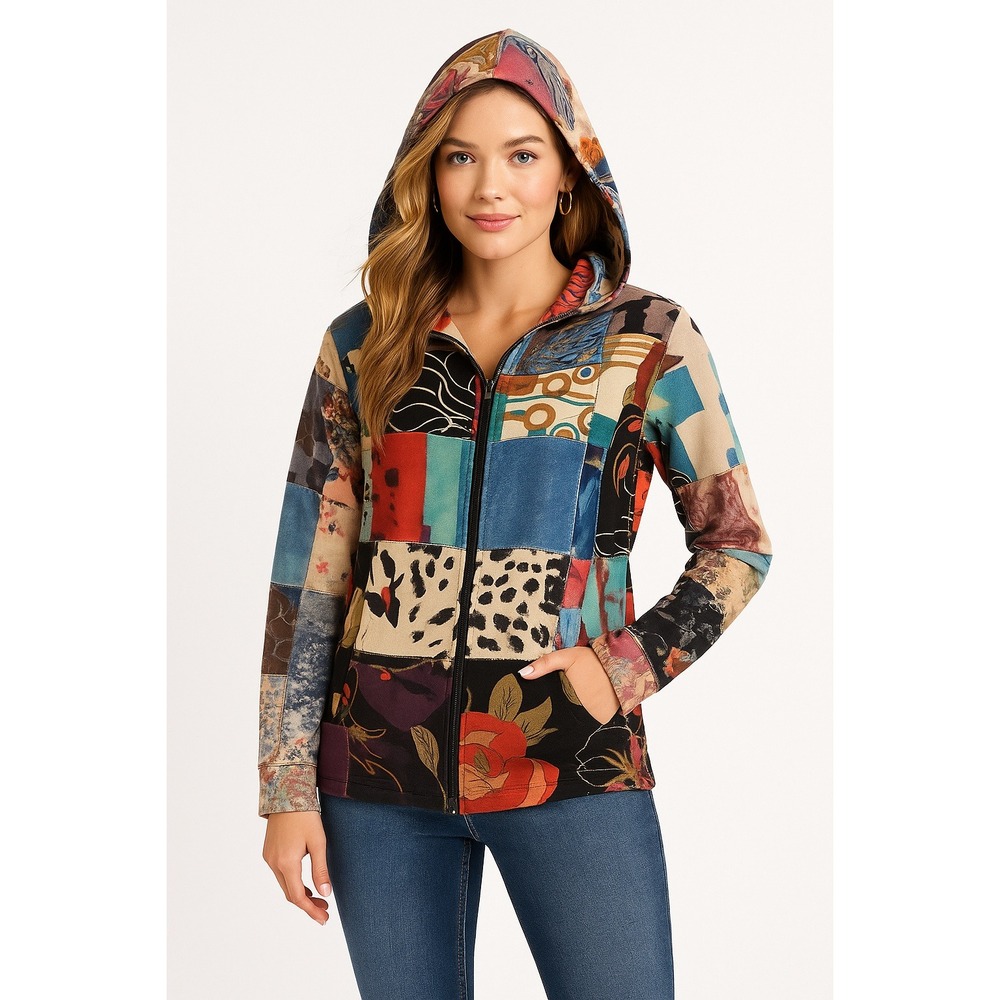 Shana K Hoodie Womens M Floral Animal Print Patchwork Artsy Eclectic Boho Street